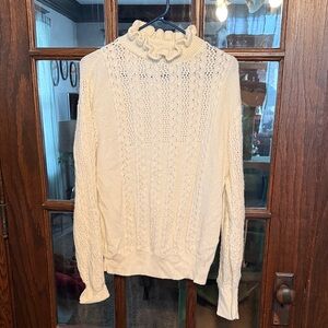 The 1 East Custom Collection Vintage Cream Ruffle Neck Cable Knit Sweater Ivory‎